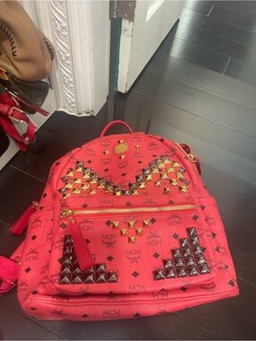 MCM Red Logo Print Studded Backpack